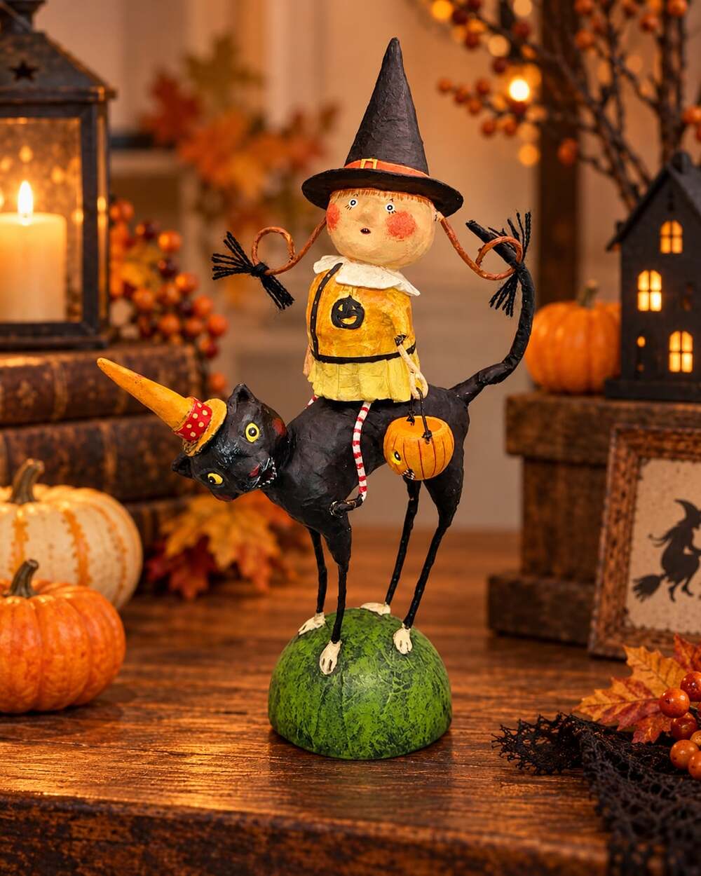Lori Mitchell Sissy & Her Cat Halloween Folk Art Figurine Witch Pumpkin HTF Vtg
